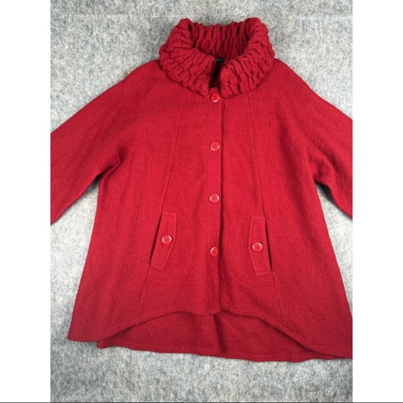 For Cynthia Jackets & Blazers - For Cynthia Coat Women's Size 3X Red Wool High-Low Hem 3/4 Sleeve Smocked Collar